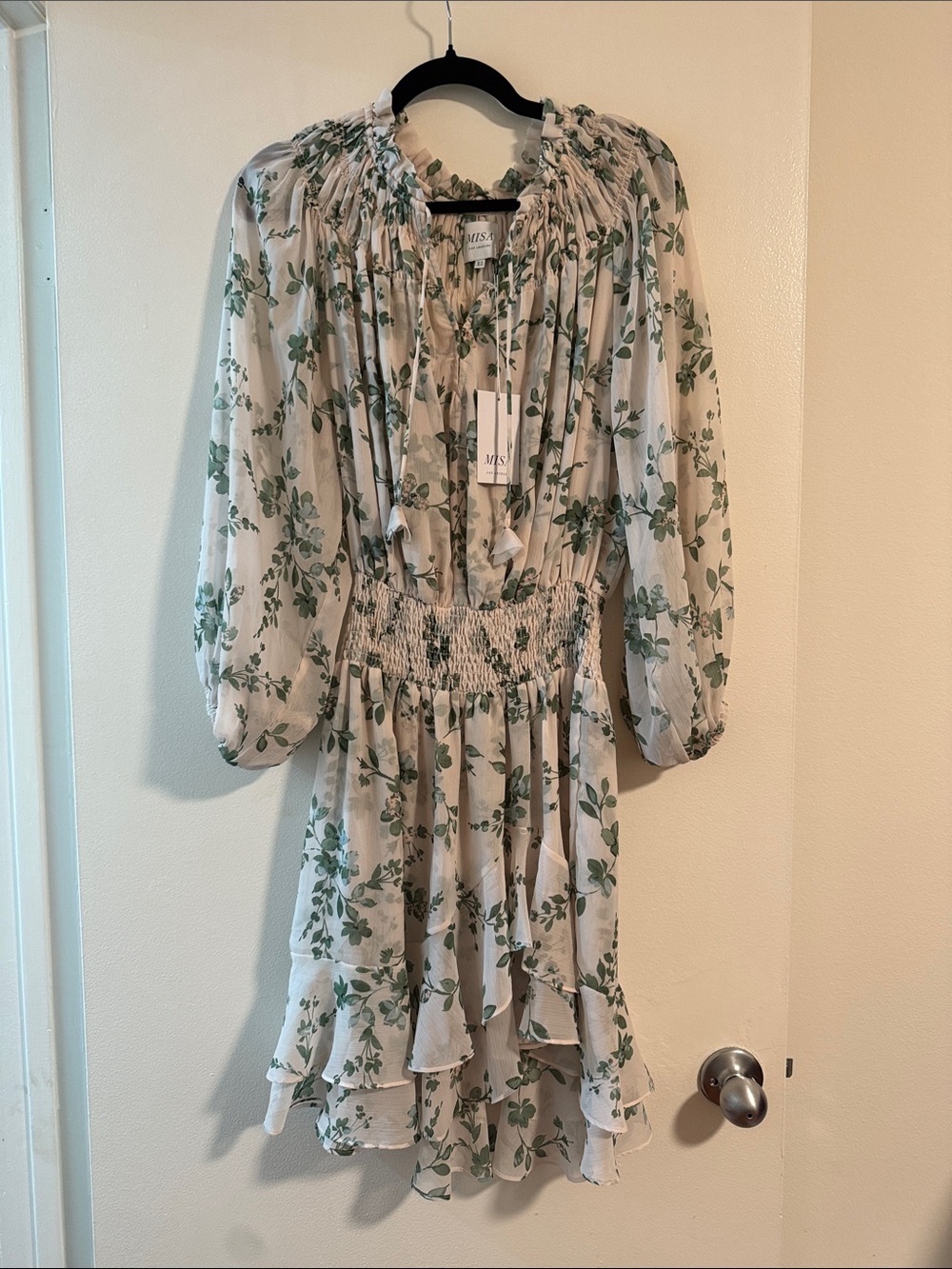 Misa Los Angeles Cream Long-Sleeve Floral Tiered Dress with Green Print